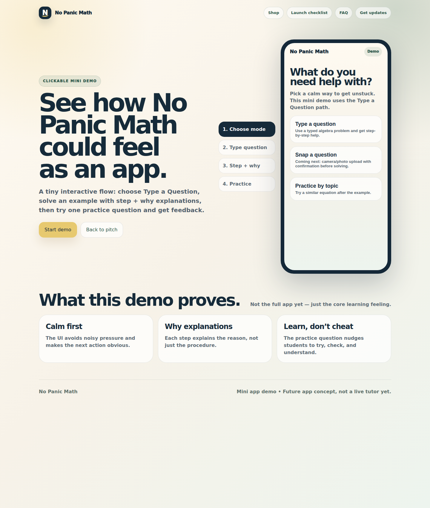 No Panic Math typed-question app demo